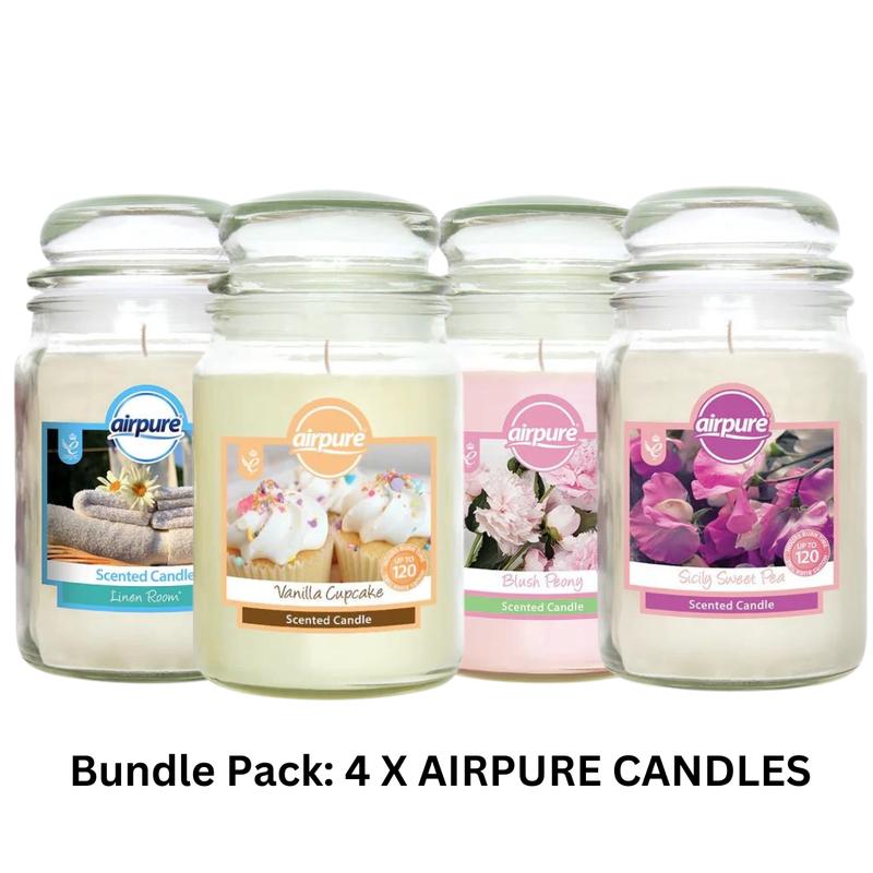 4 x Airpure Candles Linen, Vanilla, Sweat Pea, Blush Peony 510g each 4 x Airpure Candles Linen, Vanilla, Sweat Pea, Blush Peony 510g each